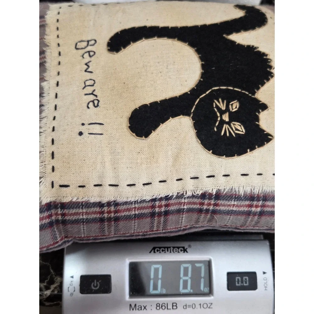 Primitive Halloween Black Cat Beware Plaid Decorative Pillow Folk Art Decor